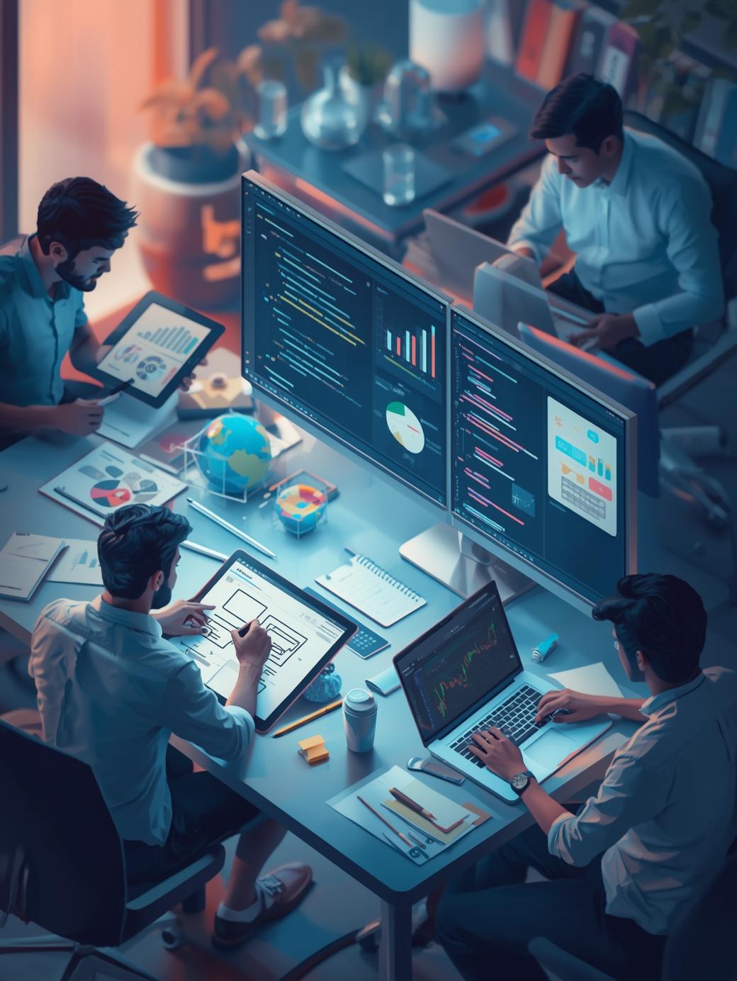 A team collaborating on software design and development